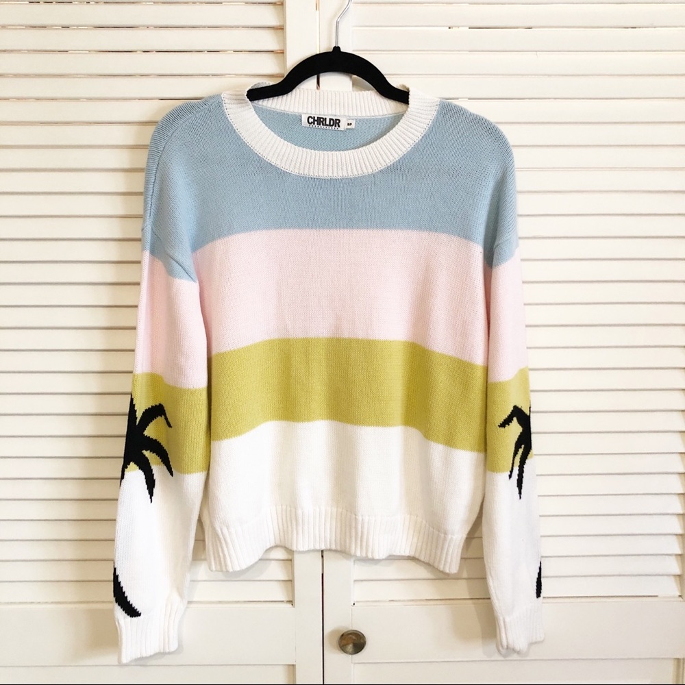 CHRLDR Pastel Stripe Palm Tree Sweater - Blue, Pink, Yellow, White, Black